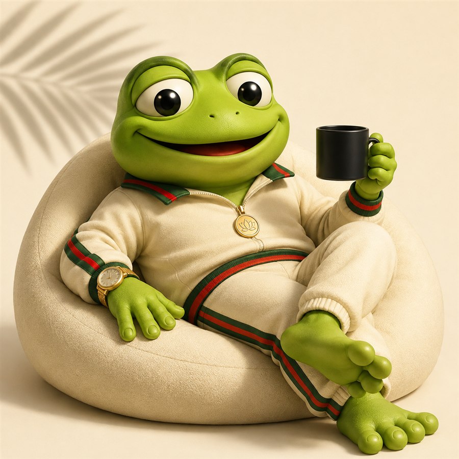 Soft Life Frog — a relaxed frog in a white tracksuit with a gold watch, lounging on a beanbag with a black coffee